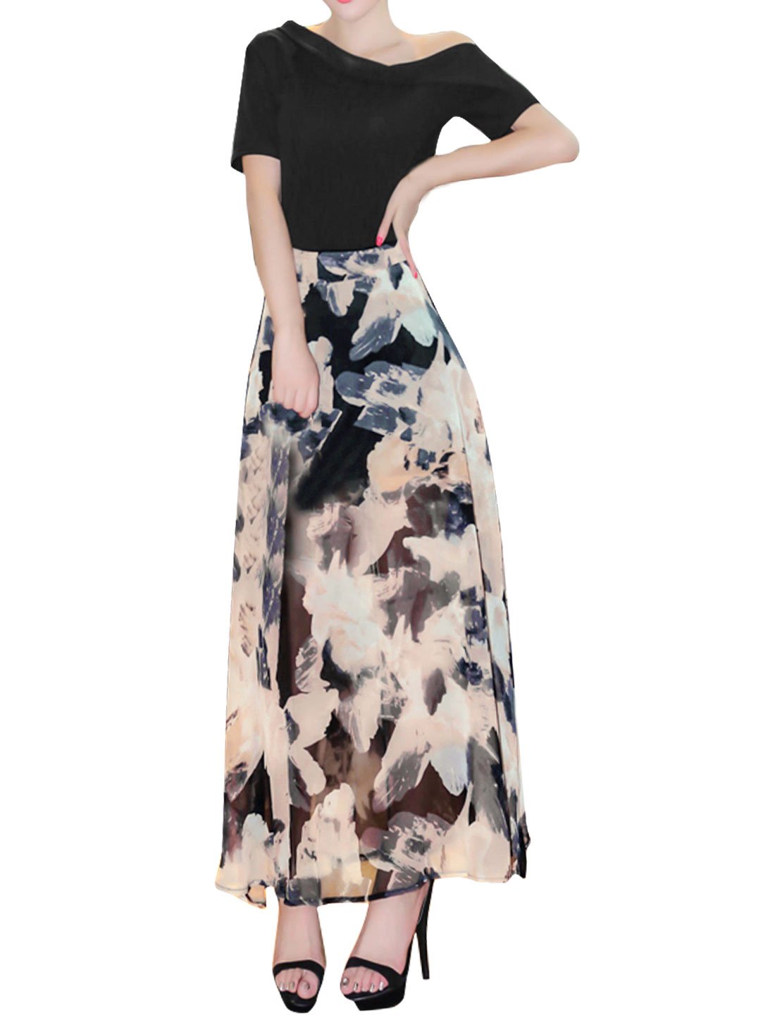 Women Asymmetric Neck Top w Floral High Split Chiffon Skirt Sets-picture-12