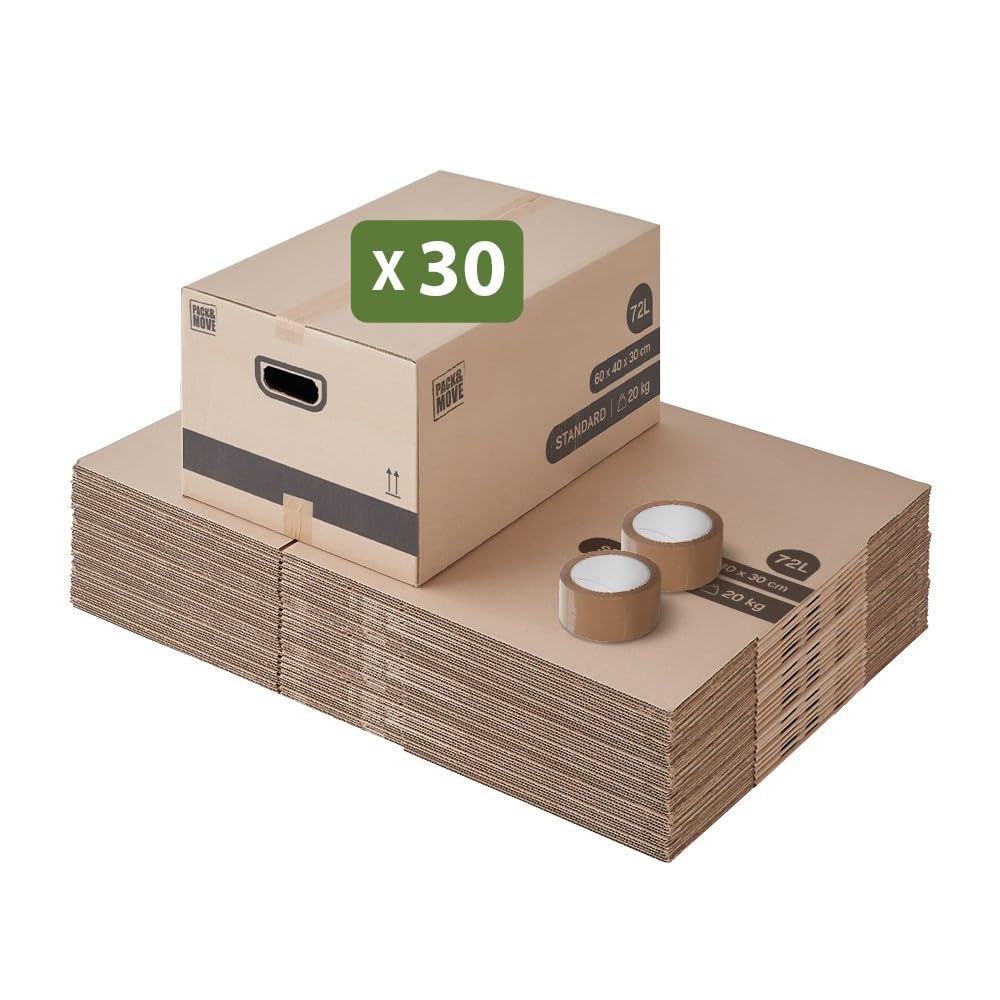 Pack and Move - Zestaw 30 kartonów do przeprowadzki do przechowywania M - 60 x 40 x 30 cm - wzmocnione uchwyty - 2 naklejki w prezencie