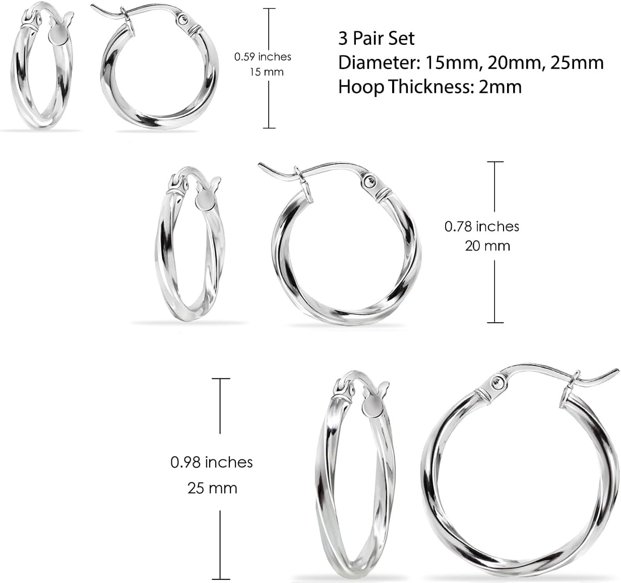 Hoops & Loops 925 Sterling Silver Twisted Hoop Earrings for Women - Hypoallergenic 14K Gold, Rose Gold, Black Flash Plated 2mm Thin Twist Design Round Click-Top Hoops, 15/20/25/30/35/40/50/60mm