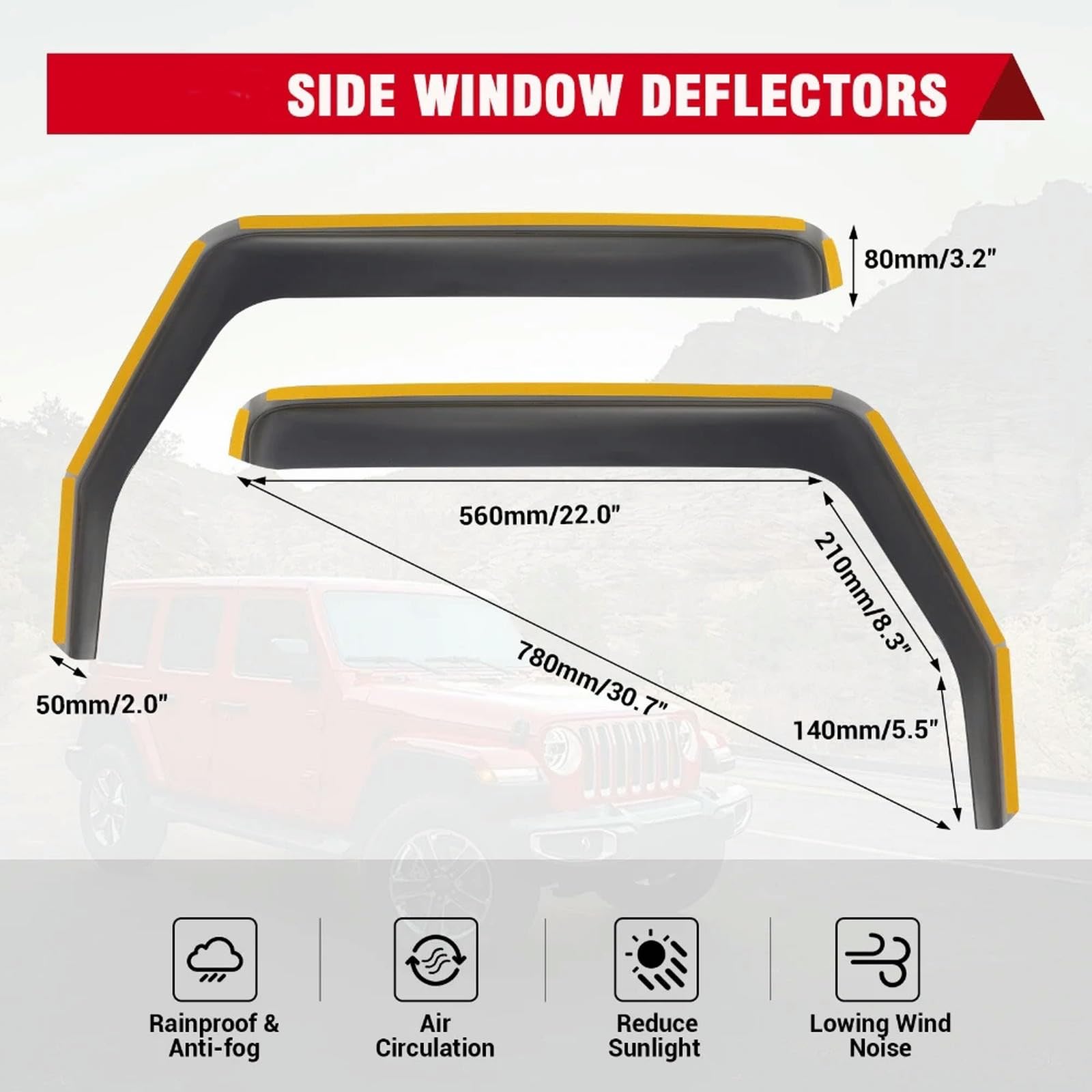 2 Stück Seitenfenster-Windabweiser, Belüftungsschutz, wasserdichte Regenschutz-Markisen, Windabweiser, für Jeep Wrangler JK 2007-2017 2-Türer