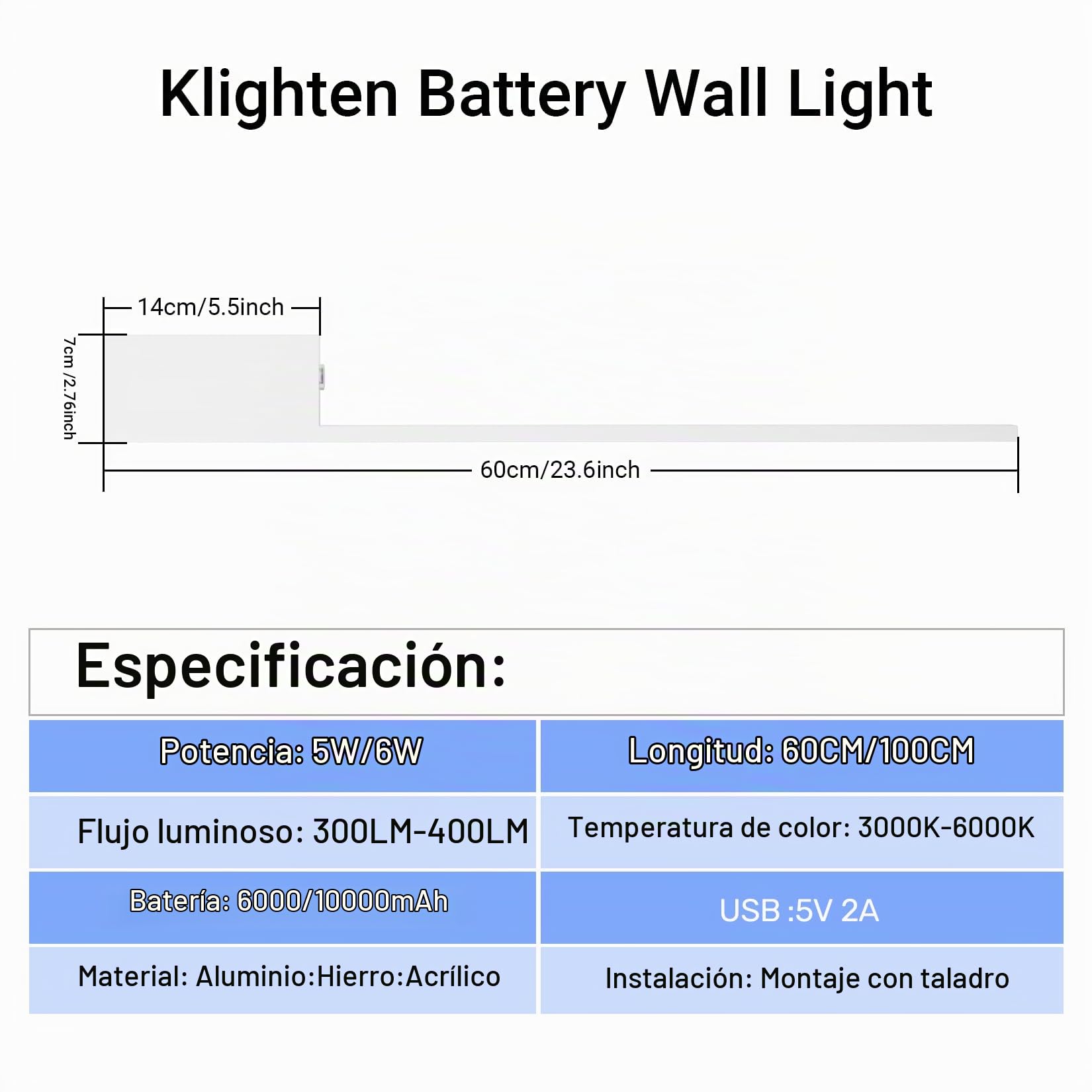 Klighten 2PCS Lámpara de pared a pilas,6000mAh Lámpara de pared LED con mando a distancia y control táctil,Aplique de batería,Aplique de Pared interior 60CM 5W,3000K-6000K,Blanco