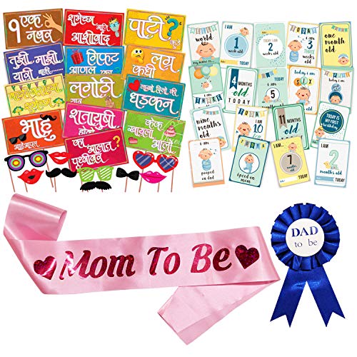 Image of Wobbox Marathi Baby Shower Decoration Items| Baby Shower Ceremony Photo Booth Props For Photoshoot, Daddy To Be Badge & Mom To Be Sash With Milestone Card, Godh Bharai Ceremony Decoration Kit-(FP1027)