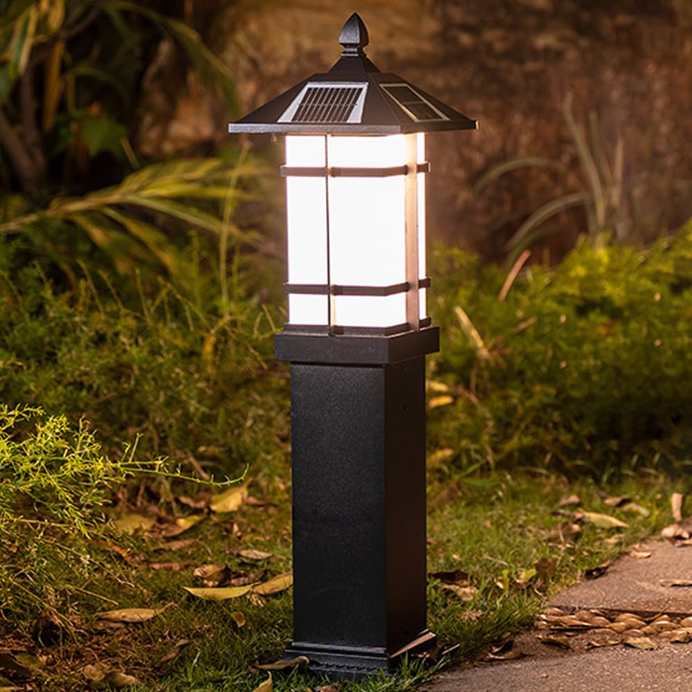 HELCEKOU Rustic Solar Lantern Modern Landscape Lighting Square LED Bollard Lights with IP65 Waterproof Vintage Aluminum Pathway Light for Garden Courtyard Driveway