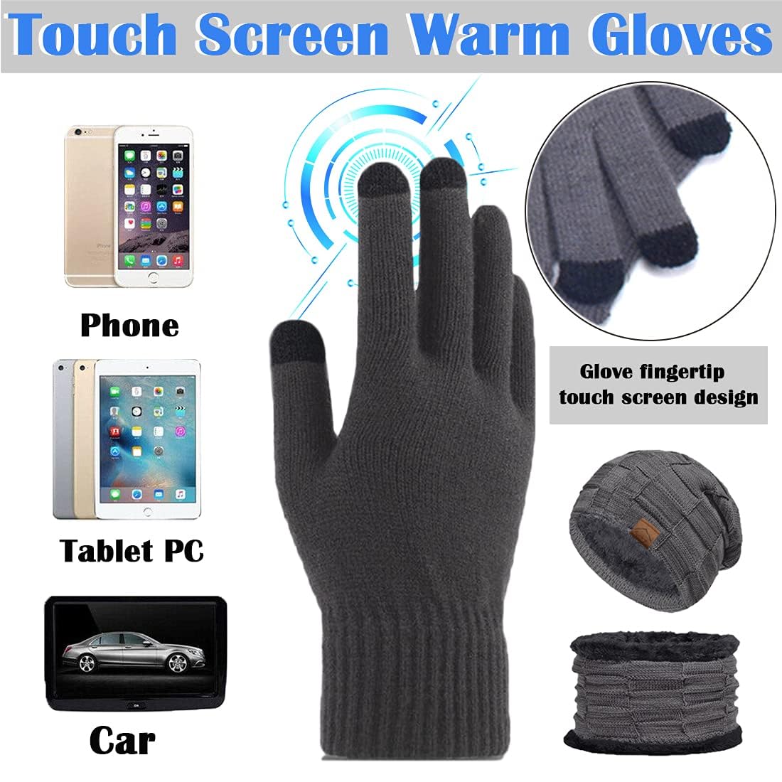 T Wilker 3Pcs Winter Beanie Hat Warm Scarf Touch Screen Gloves Set Snow Knit Cap Mittens for Kids Girls Boys 1
