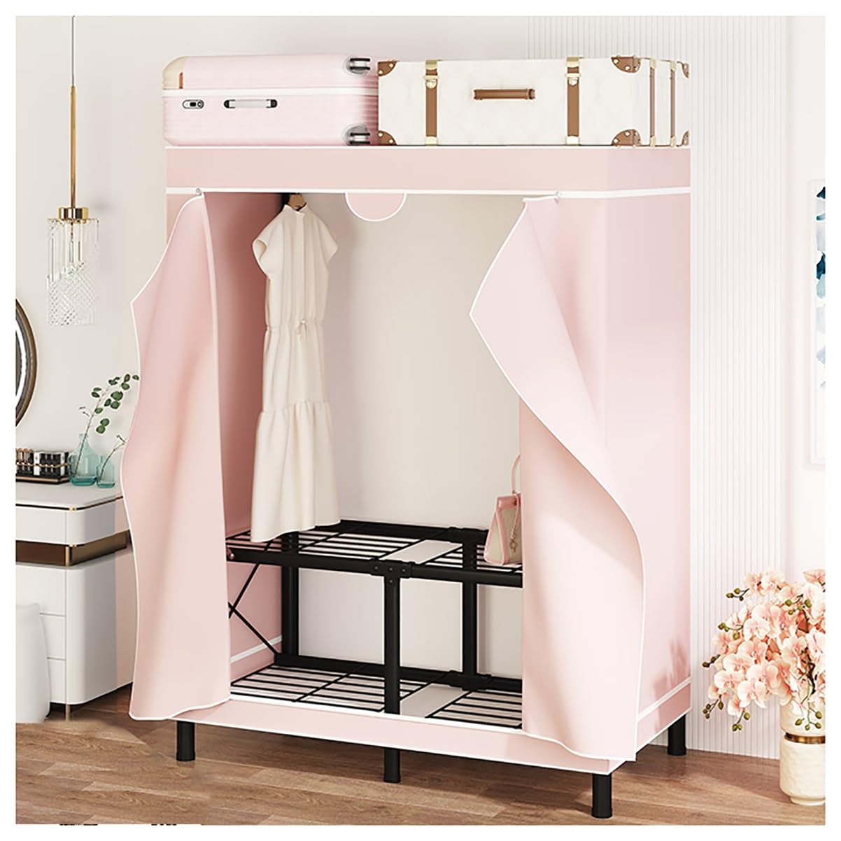 Armoire pliable portable vêtement penderie métal tissu rose