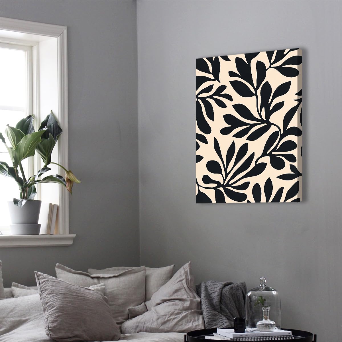 CHERHERART Minimalistyczna roślina ścienna na płótnie abstrakcyjny obraz botaniczny drukowany czarny beżowy wzór plakat na płótnie do salonu sypialni biura 70 x 90 cm struktura wewnętrzna