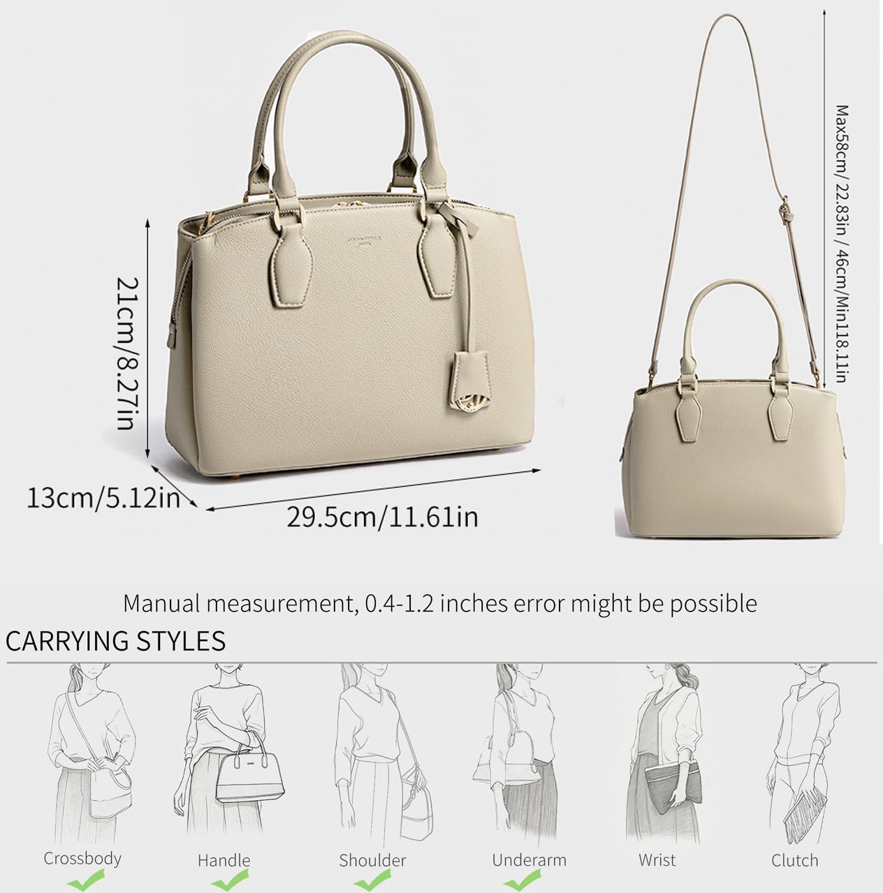 David Jones – Bolso de mano para mujer – Bolso de mano de piel sintética – Hombro – Varios compartimentos con 3 bolsillos – Tote Ville Trabajo Elegante Clásico Chic Moda, beige, talla única