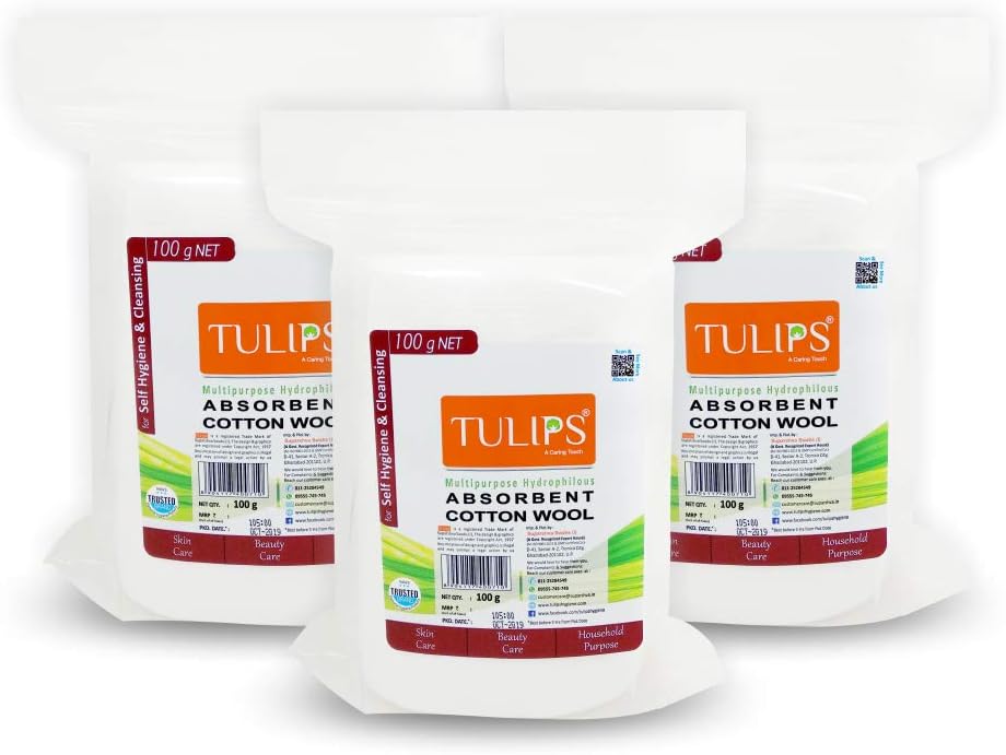 Tulips 100gm Absorbent Soft Cotton Wool/Roll for Makeup Remover, Beauty, Adult & Baby Care Disposable Cotton, (Pack of 3)