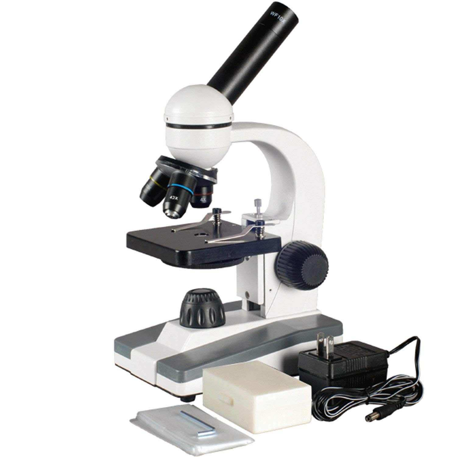 AmScope M148C-PB10 Compound Monocular Microscope, WF10x and WF25x Eyepieces, 40x-1000x Magnification, LED Illumination, Brightfield, Single-Lens Condenser, Plain Stage, 110V or Battery-Powered, Includes 5 Blank and 5 Prepared Slides