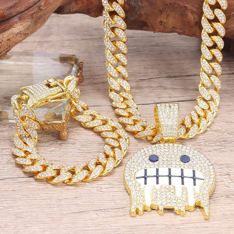 Miami Cuban Link Ice Out Chain for Men Gold Sliver Smiling Face Hip-hop Diamond Pendant Grimace Necklace Bling Mens Jewelry Gift 18-20-22In with Unique Charms - Image 8