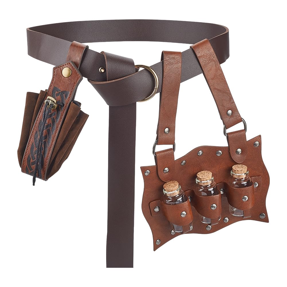 DELORIGIN Cork Potion Bottle Belt Loop Medieval Renaissance Belt Pouch with 3 Cork Potion Vials Alchemy Waist Bags Magic Vial Witch Props for Hollween Festival Cosplay Costume Decor Accessory (Brown)