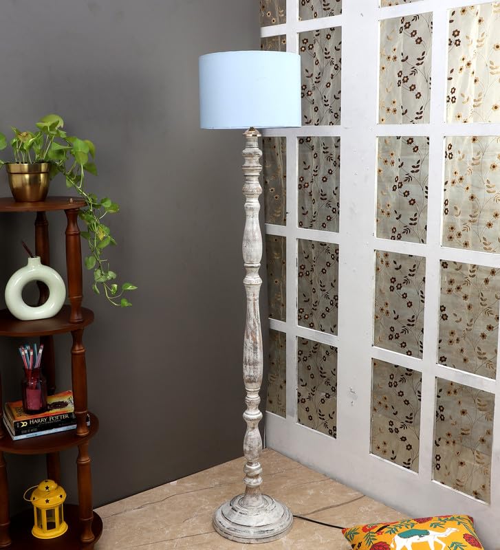 Image of tu casa Mango Wooden Floor Lamps with Sky Blue Shade for Home Decor, Bedrooms Corner, Living Room, Gifting, Diwali Decoration, Hall, Office, Study Room (Height: - 56 inch) - Bulb not Included