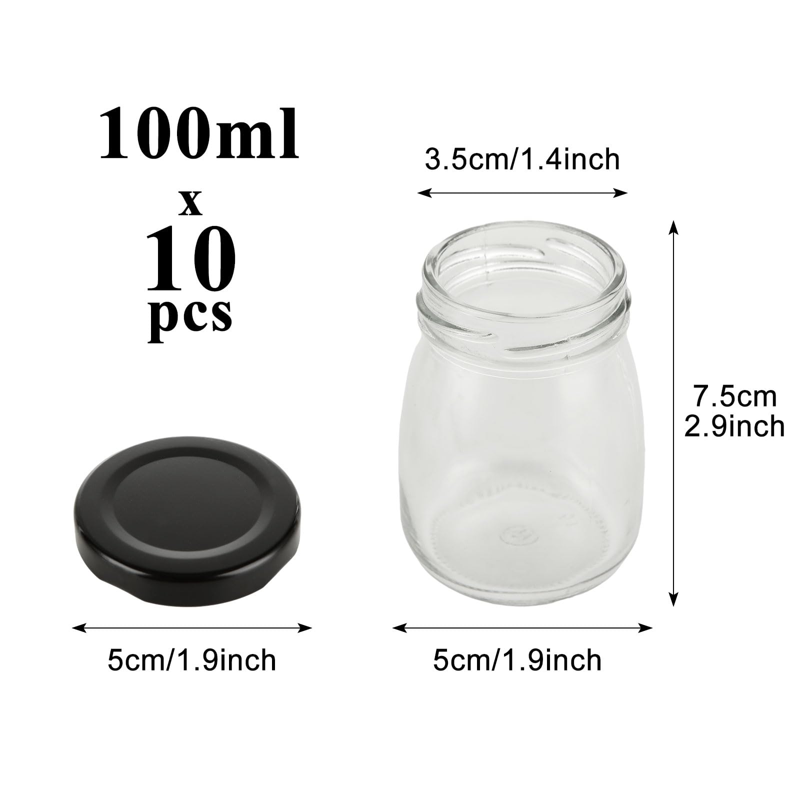 ASelected 10Pcs Clear Glass Bottles With Pretty Black Lids 100 Ml Pudding Yogurt Pots Small Jars for Snacks Candies, DIY Projects - Image 2