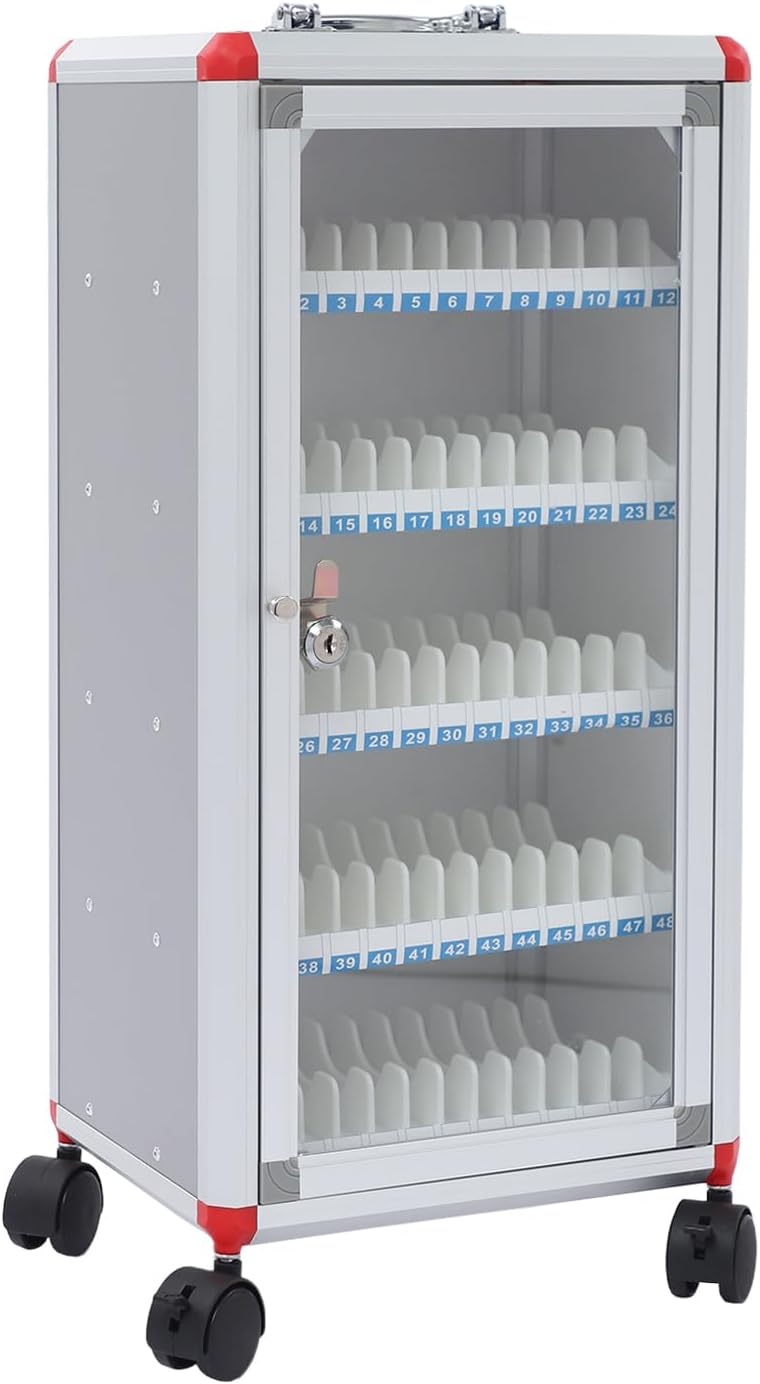 60 Slots Cell Phone Locker Cabinet with Locking Doors and 4 Wheels Aluminum Alloy Free Standing Secure Cell Phone Storage Cabinet Lockable Mobile Phones Locker Organizer