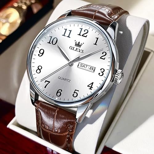 Miniatura 9 de OLEVS Relojes de cuero para hombre números arábigos para hombre relojes de fácil lectura calendario de estilo simple relojes de cara grande para