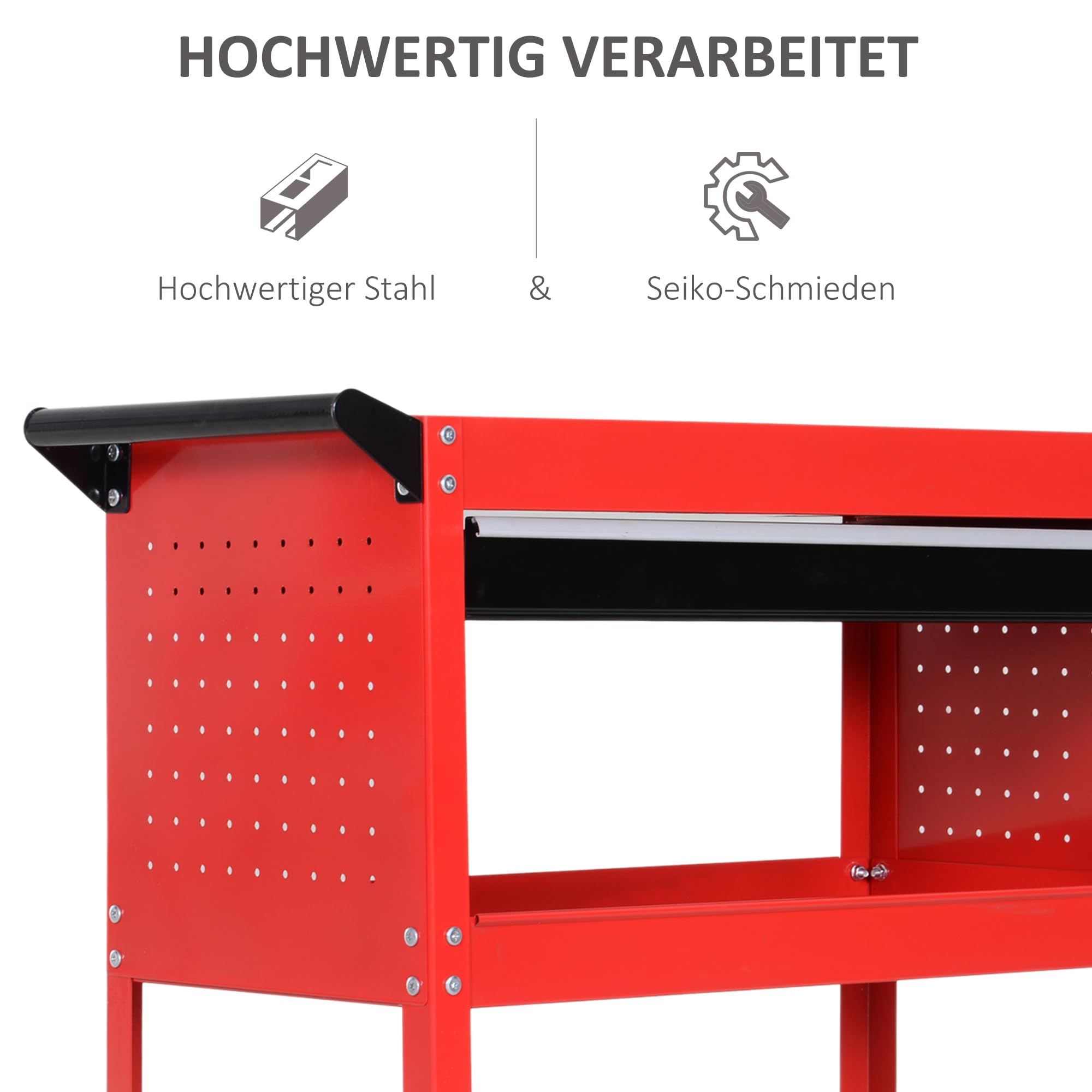HOMCOM Werkstatt-Rollwagen, Werkzeugwagen mit 3 Ebenen, Transportwagen mit Schublade, Montagewagen für Garage, Lagerhaus, max. 60 kg Belastbar, Rot
