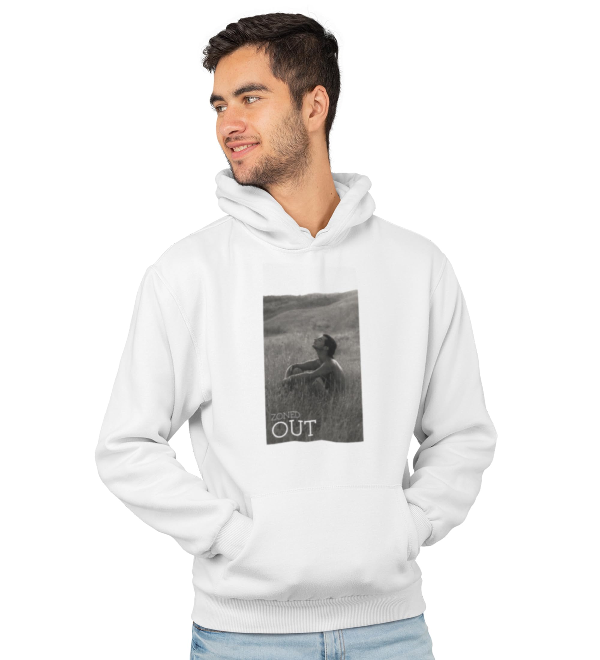 RUSHAANPacifist Society, Urban Legend Series: White Men's Oversized Round Neck Hoodies with Front Print