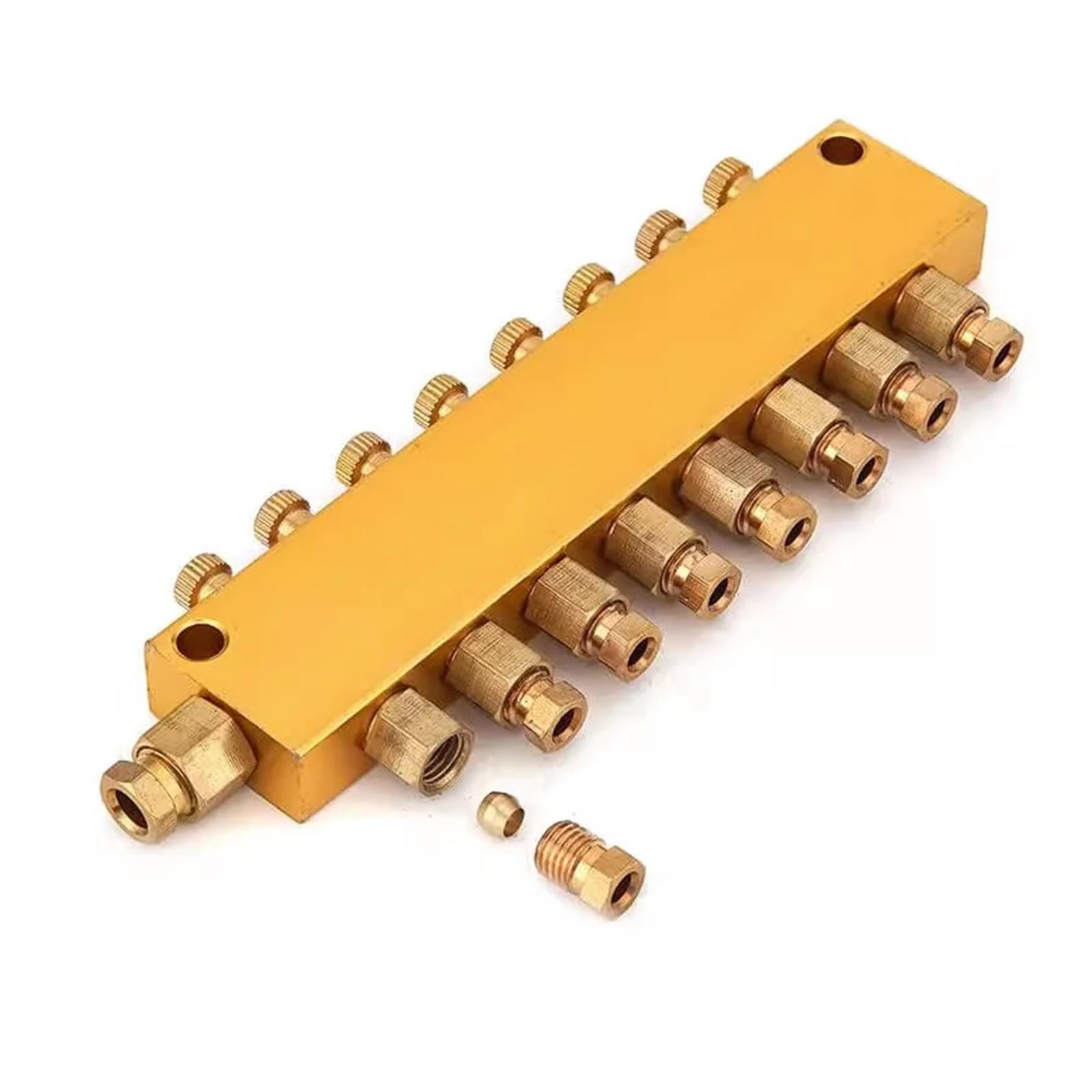 Sistemi di lubrificazione centralizzata, Sistema di lubrificazione in alluminio, distributore di olio lubrificante regolabile, blocco collettore, ingresso 6 mm, uscita 4 mm, 2-12 vie, tonalità oro(7 W