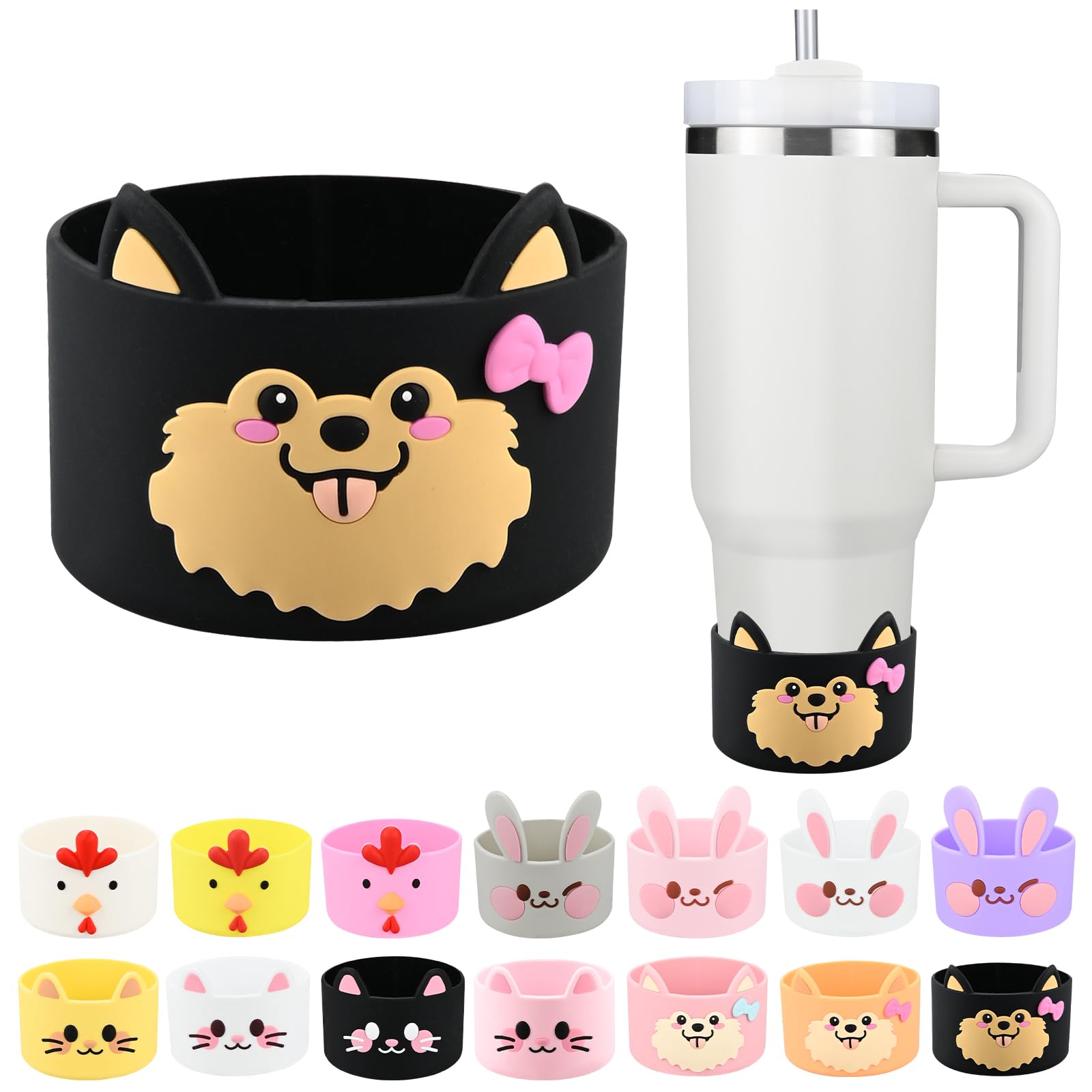 Cute Animal Silicone Boot for Stanley 40 oz, Bottle Bottom Protector Cover for Tumbler, Stanley Cup Boot 20 30 oz, Cup Accessories for Quencher IceFlow (Dog-Black)