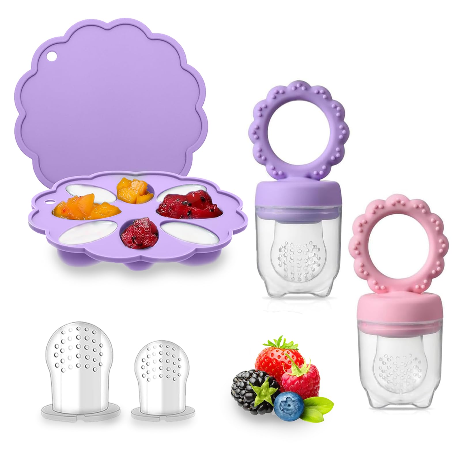 ZUFIO Fruchtsauger Baby -Fruchtsauger Baby ab 6 Monate (2 Fruchtsauger + 1 Eisform+3 Schnuller) für Babynahrung Muttermilch Eiswürfel(Tato Purple/Candy Pink 2+1)