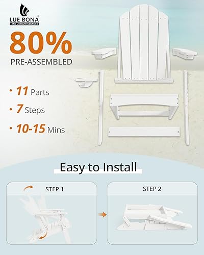 Miniatura 3 de LUE BONA Silla Adirondack plegable, juego de 2, portavasos, grano de madera, hoguera, patio, piscina, color blanco