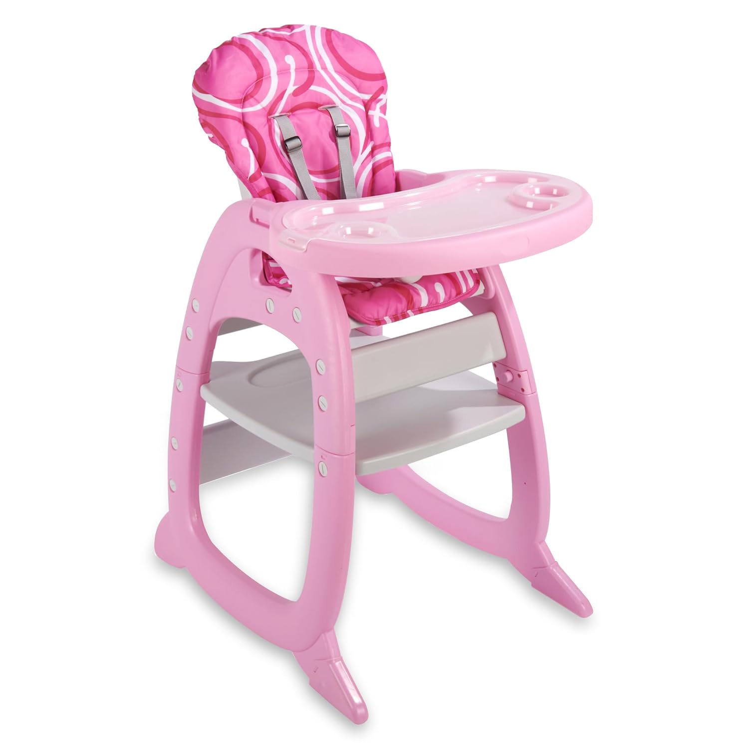 Badger Basket Envee II Convertible Baby High Chair – Infant Feeding Seat, Booster, and Toddler Desk with Tray and Cushion – Pink/White