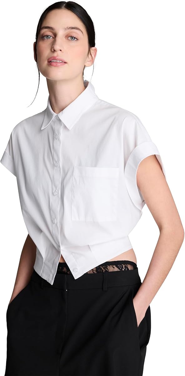 Kenneth Cole New York Women's Short Sleeve Cropped Cotton Shirt