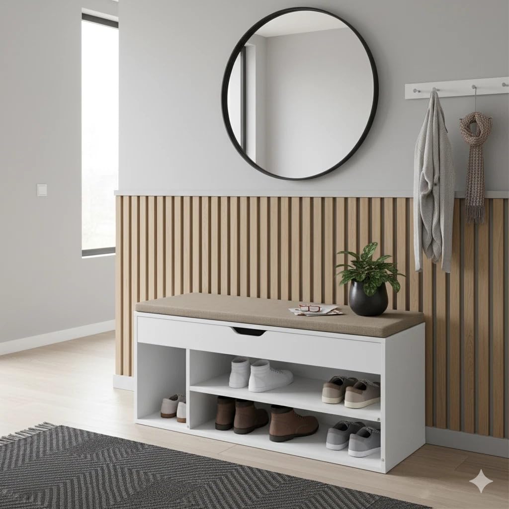MAKA Scarpiera Panca Ingresso con Seduta, Cassapanca con Cuscino Imbottito L103xP30xA45, Capacità Seduta 150 Kg, 4 Scomparti a Scaffale, Legno Resistente (Bianco XL)