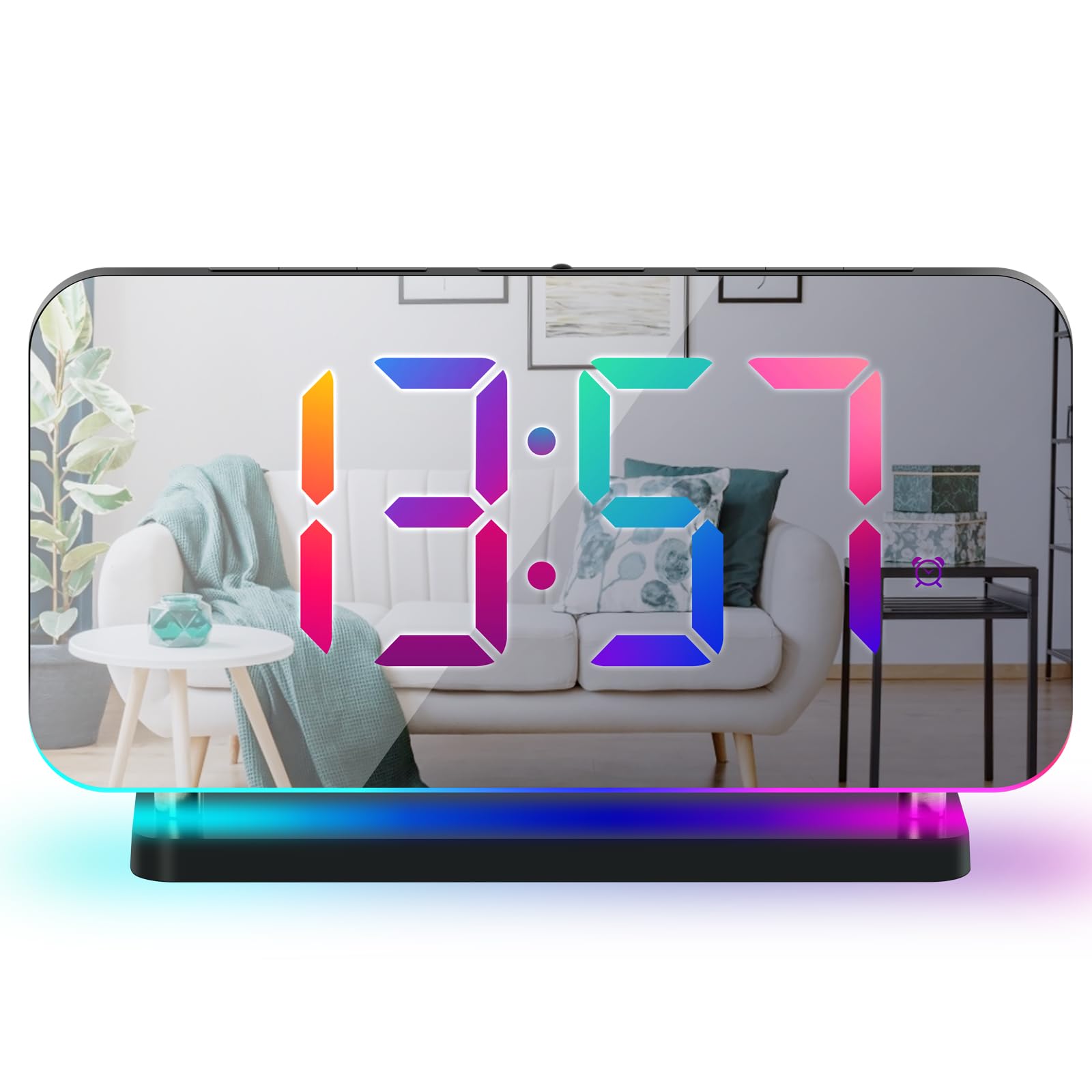 LED Reloj Despertador con 11 Colores Dinámicos RGB Pantalla de Color Superficie de Espejo Reloj de Cabecera con Colorida Luz de Noche Volumen Brillo Ajustable 12/24 Horas Modo Negro