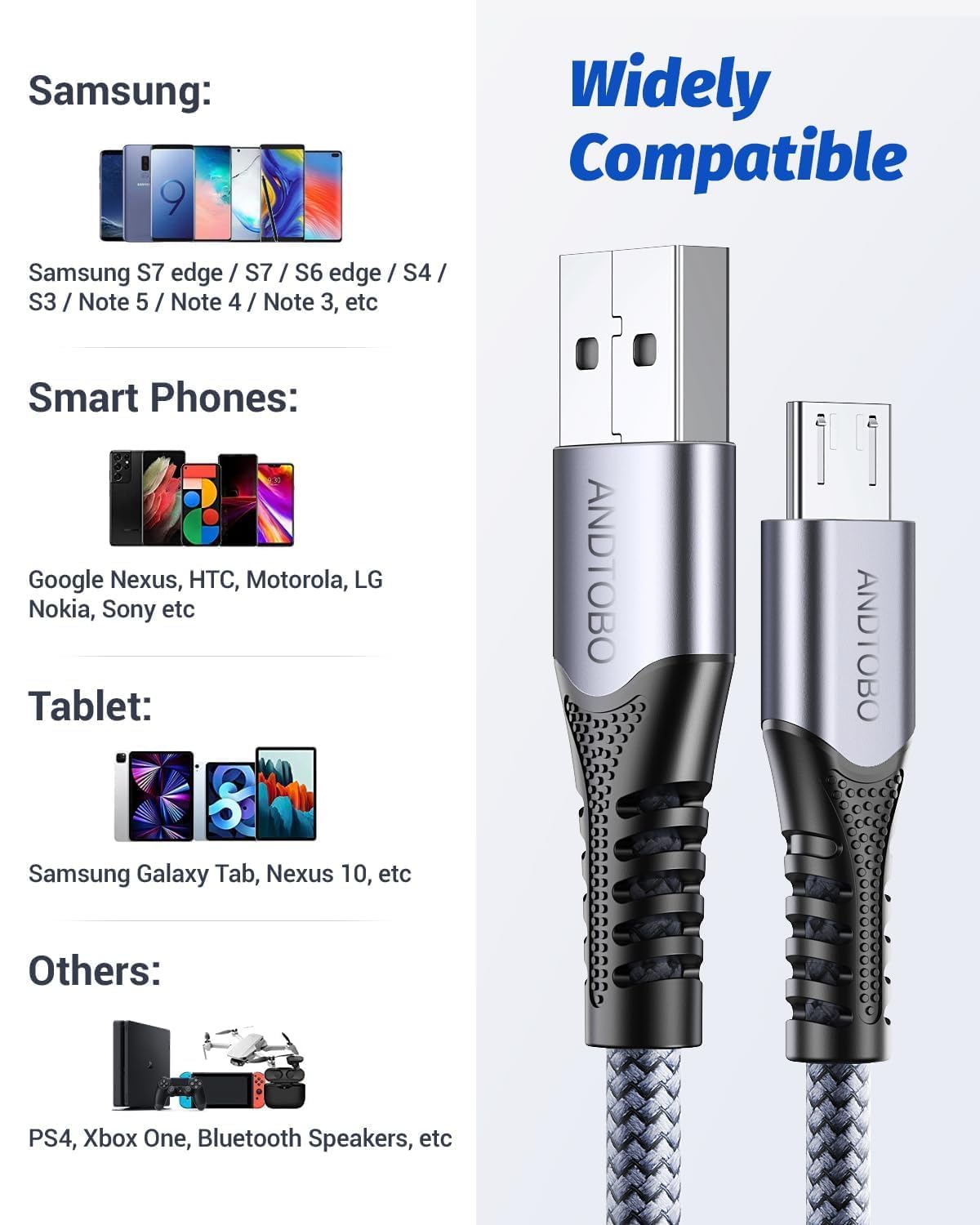 ANDTOBO Cavo micro USB per caricabatterie Android, confezione da 3 pezzi, cavo intrecciato in nylon compatibile con Galaxy S7, S6, J7, J3, J8 Edge, Note 5, Kindle, MP3, ecc., 1 m