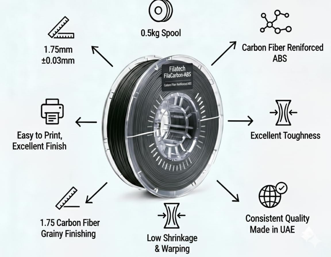 Filatech FilaCarbon-ABS 3D Printer Filament, 1.75 Carbon Fiber Reinforced ABS, 1.75mm -/+0.03mm Carbon Fiber Reinforced, 0.5kg Spool, Made in UAE - (Black)