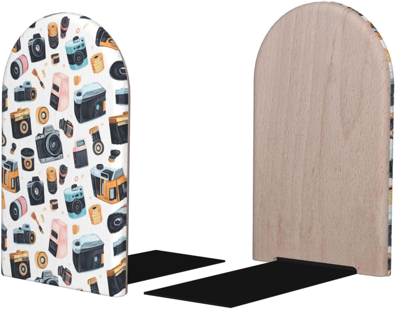 Book Ends for Shelves 1 Pair – Vintage Camera Film Print Wood with Metal Base Bookends for Heavy Books, Book Stand Organizer Holder for Books Movies