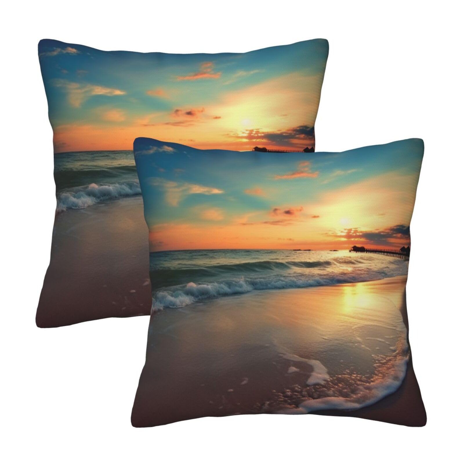 Sunset Beach Throw Pillow Cases 2 Pack Square Pillowcases Soft Pillow Protectors for Couch Livingroom Sofa Bed Office Car,50x50 CM