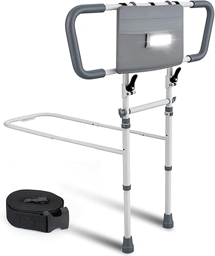 Rieles de cama para seguridad de adultos mayores: riel de asistencia de cama plegable y ajustable con luz con sensor de movimiento y bolsa de
