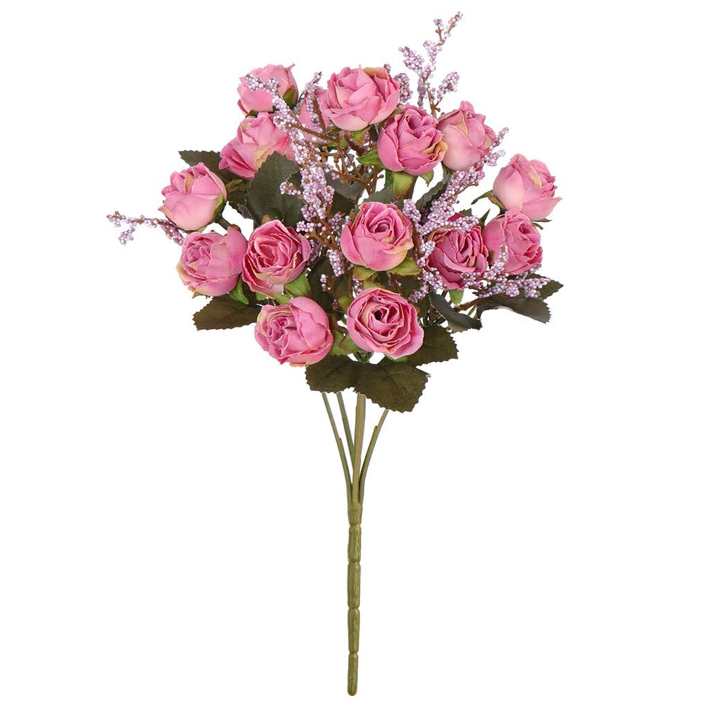 Flushzing 5 Branches 15-head Artificial Rose artificial flower bouquet Flower Bouquet Simulation Rose Floral Decor Wedding Party Fake Flower, Dark Pink