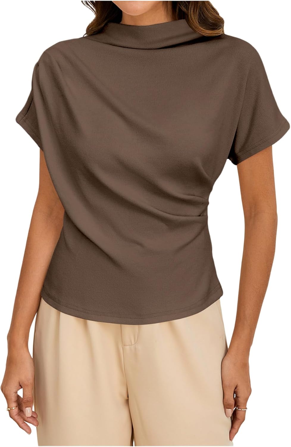 SweatyRocks Women's Casual Short Sleeve Mock Neck Tee Top Asymmetric Ruched Plain T Shirt