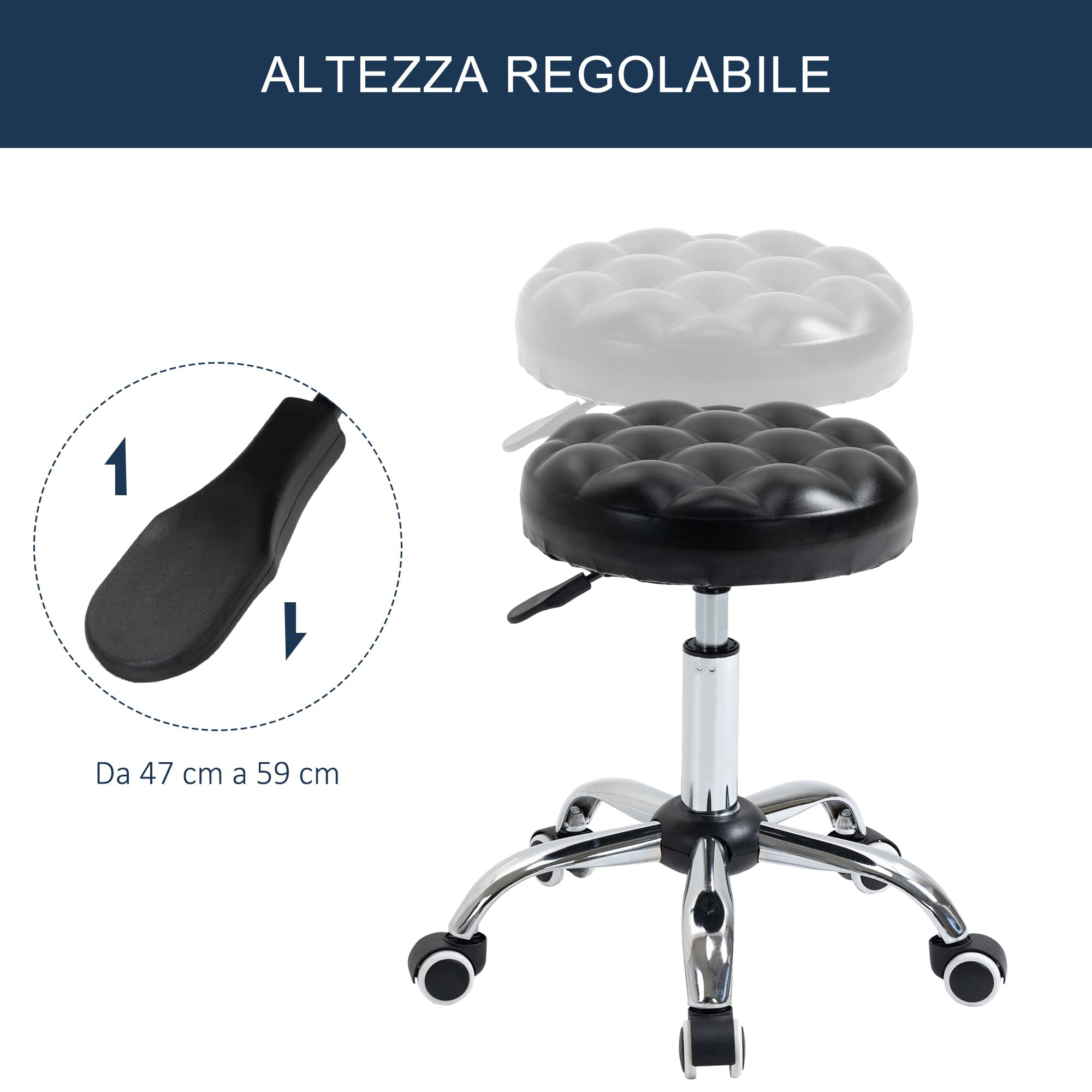 HOMCOM Sgabello ad Altezza Regolabile con 5 Ruote Girevoli, in Acciaio, Gommapiuma e pelle PU, Ф48x47-59Acm, Nero