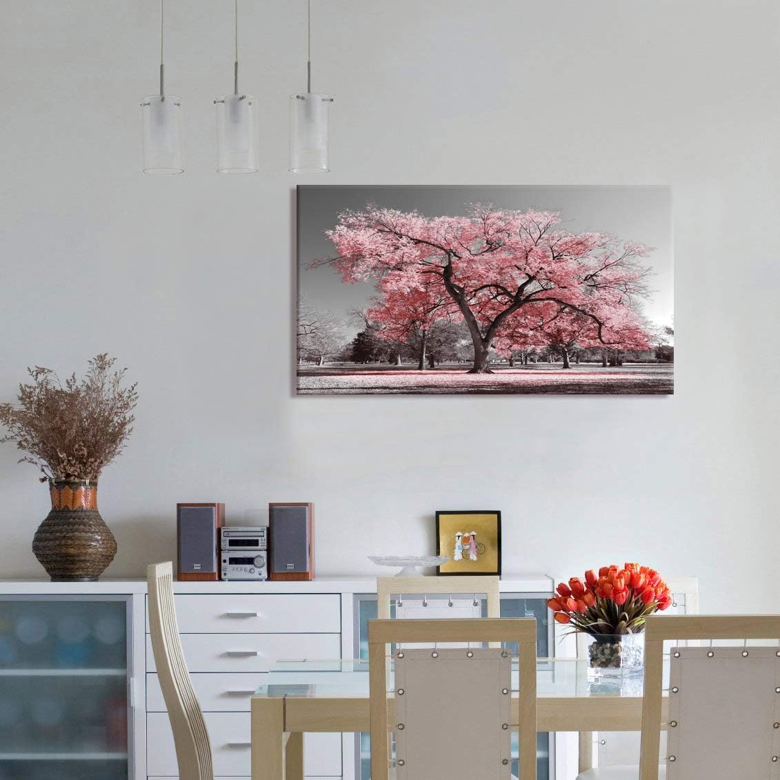 Visual Art Decor Pink Tree Canvas Wall Art Pink and Gray Wall Decor Canvas Prints, Framed Artwork for Living Room Bedroom Decoration 20inx36in