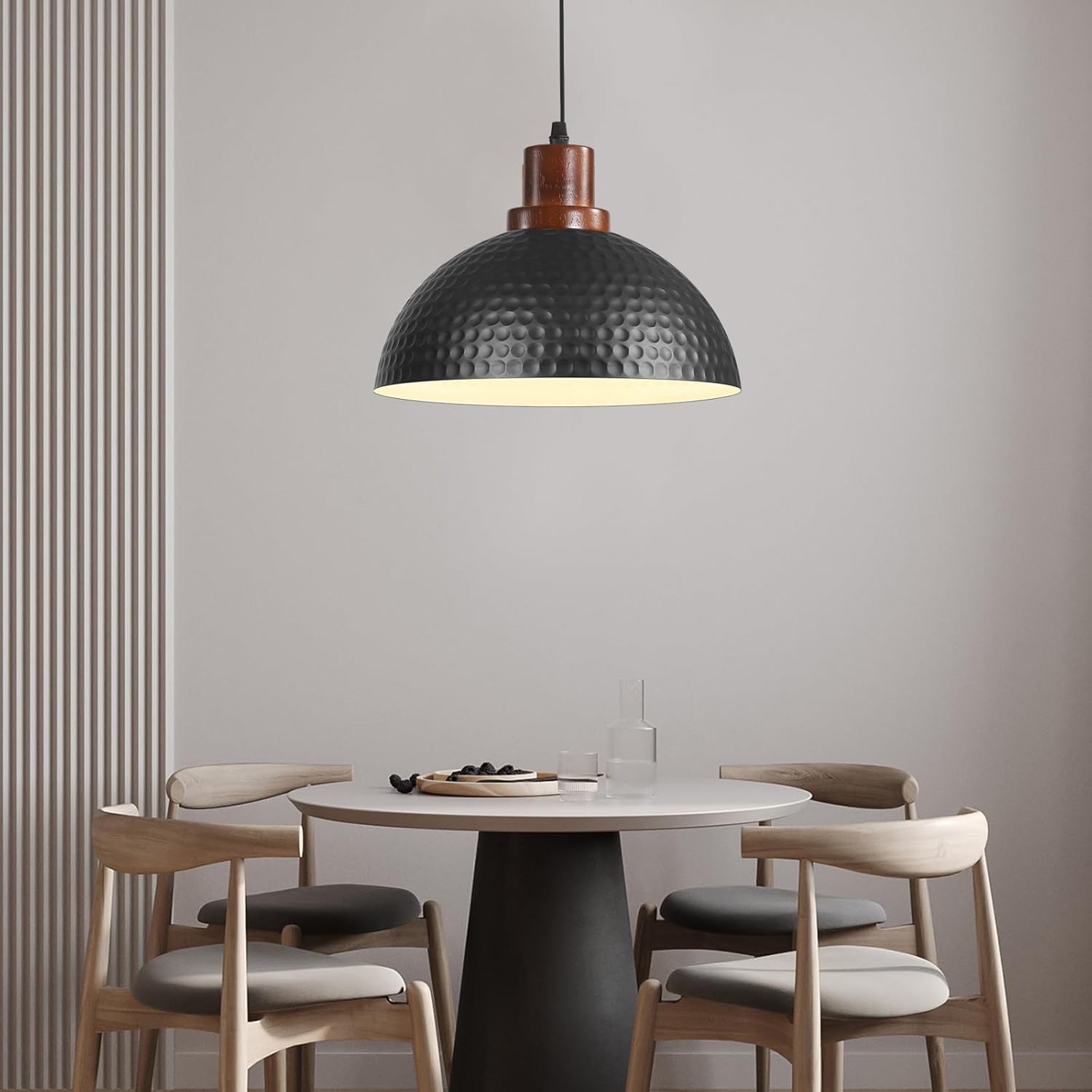 11.8" Wood Pendant Lights Kitchen Island, Hammered Dome Pendant Lighting, Black Pendant Light Fixture Hanging Ceiling Light