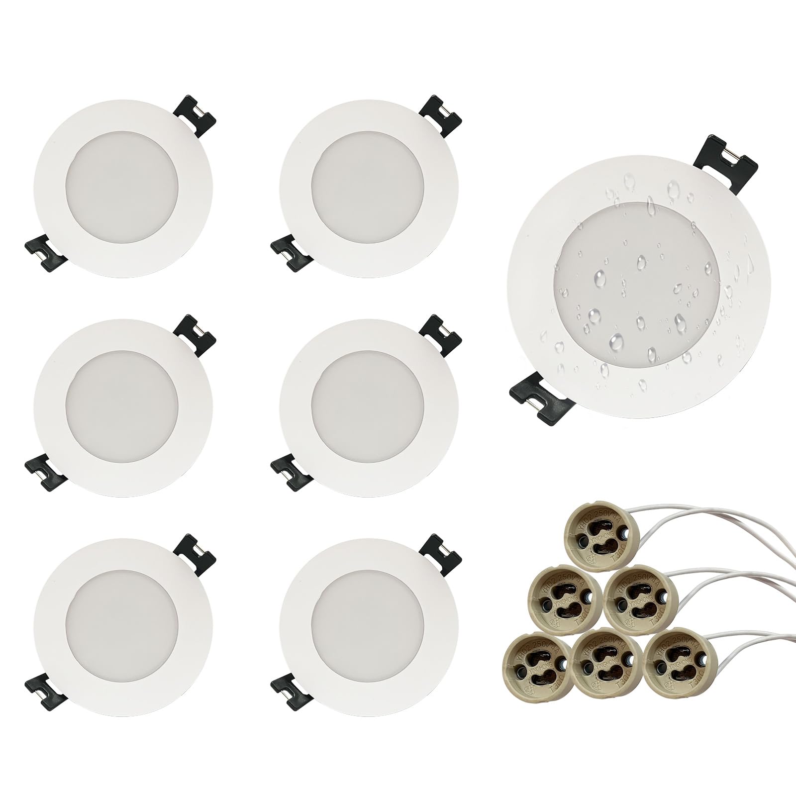 GY GU10 recessed Spotlight, GU10 Spotlight Frame with gu10 Socket, mounting Hole Ø70-80 mm, IP65 Waterproof, recessed Spotlight Holder for MR16 led Bulb (50 mm Diameter), 6 Units