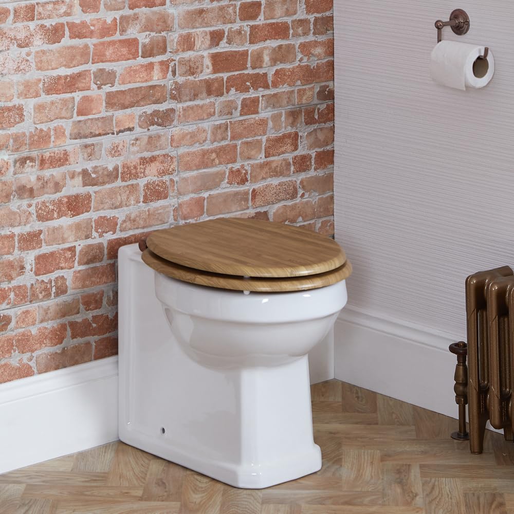 Milano Richmond Back to Wall Toilet Pan with Oak Effect Seat - Oil Rubbed Bronze Hinges