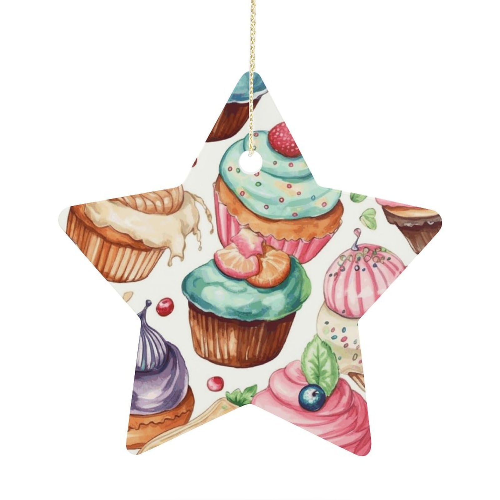 Cupcakes Donuts Muffins Sugar Stars Ornaments Ceramic Christmas Tree Hanging Light in Weight Christmas Star Pendants Funny Double-Sided Printed Xmas Ornaments for Gifts