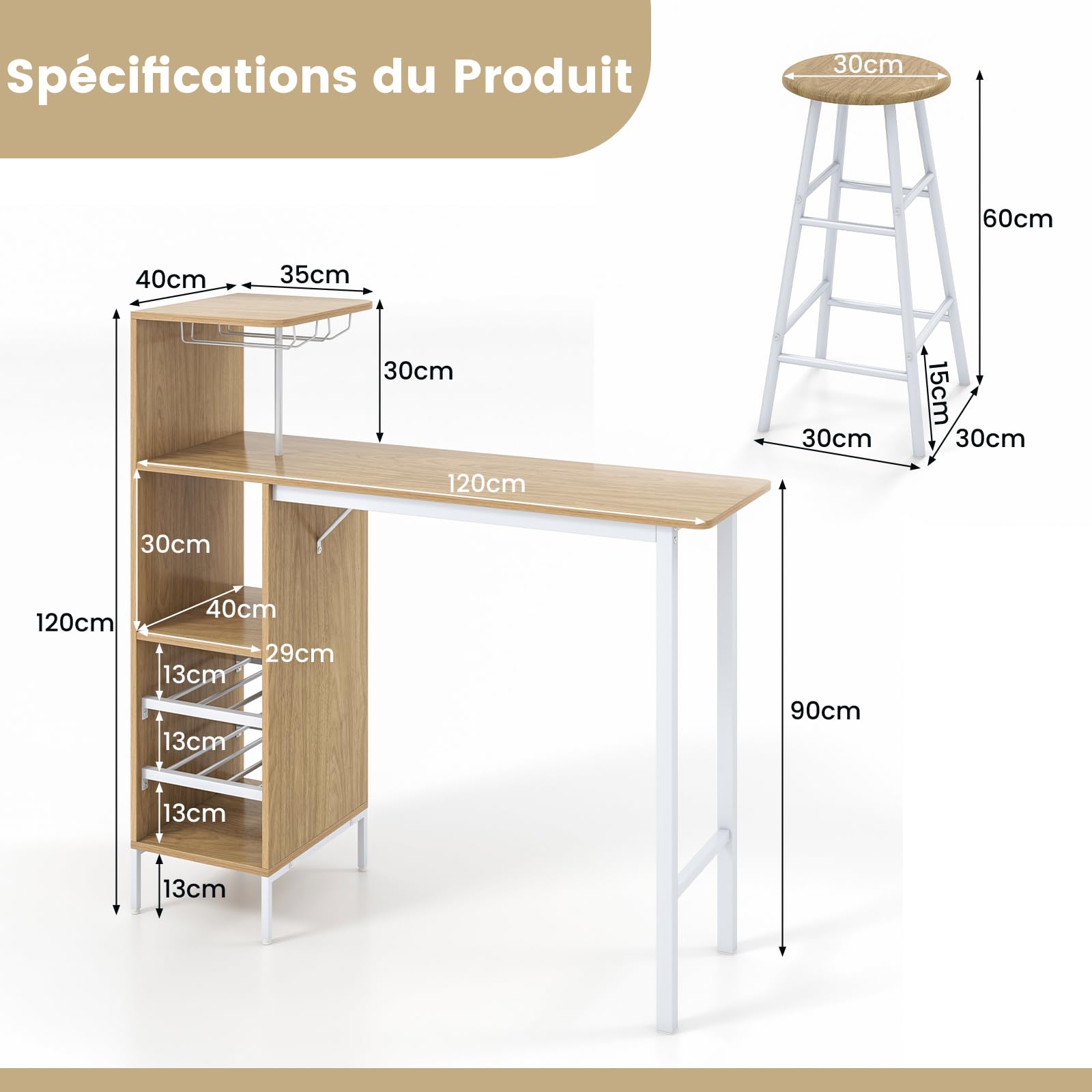 COSTWAY Table Haute Cuisine avec Tabouret, Mange Debout Industriel avec Porte-Verre Porte-Bouteilles, Table Bar avec Tabouret 2 Personnes Compact pour Cuisine Salle à Manger Salon Bistro