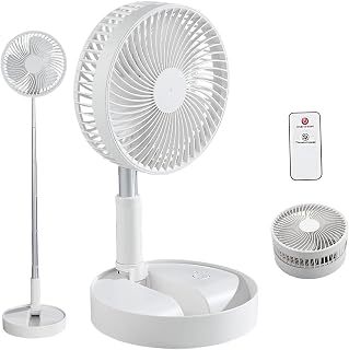 BESTBOMG Pedestal Fan Foldable Portable Desk Fan, Stand Floor Fan Adjustable with Remote, 7200mAh Rechargeable Battery Telescopic USB Charging
