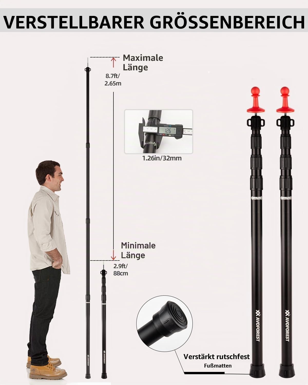 Zeltstange Teleskopstange für Zelte,Teleskopierbare Aluminium-Zeltstange,Höhe 88–265 cm,Sonnensegel Stange Sturmsicher und Wetterfest,Zeltstangen für Tarp (2, Black)