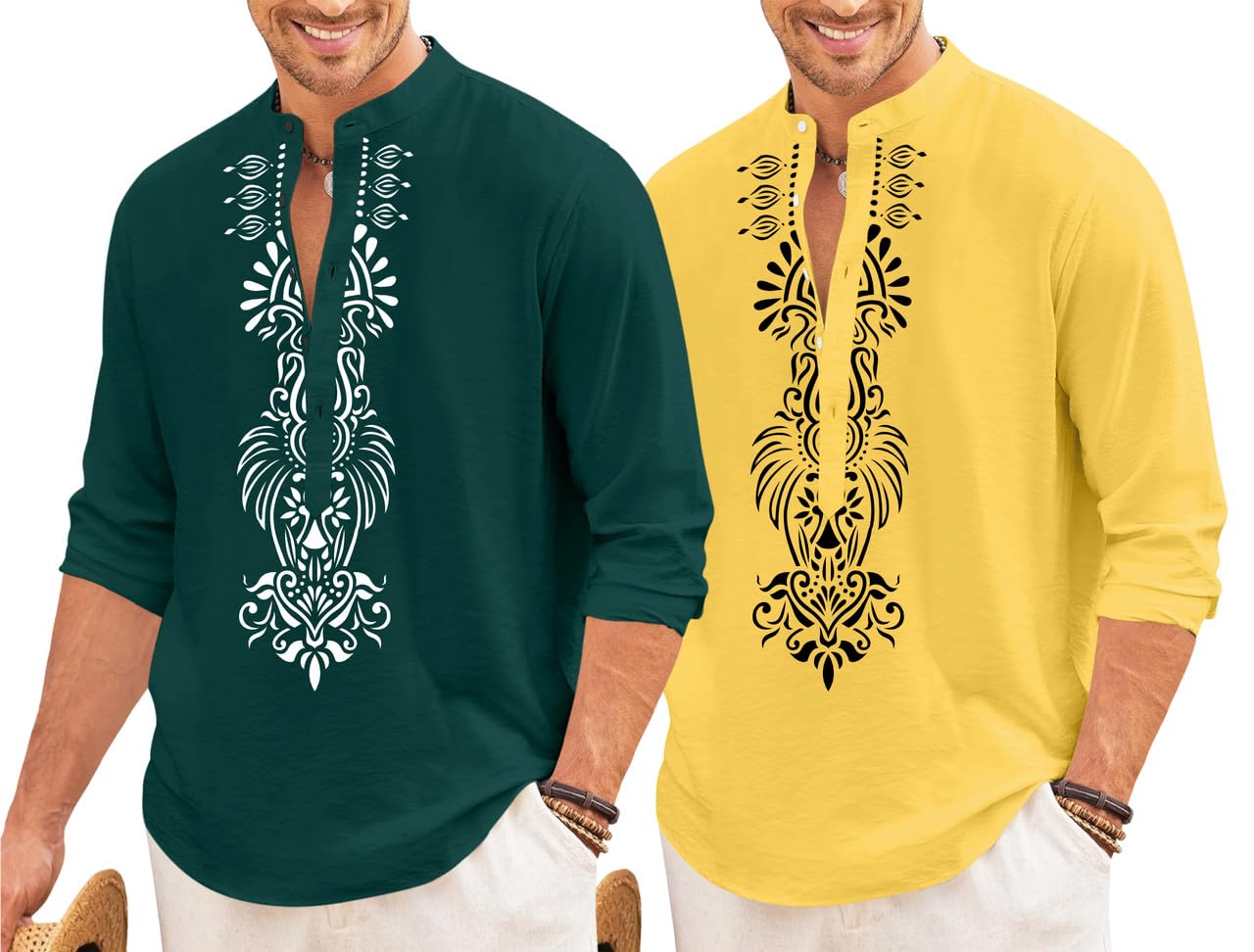 Men’s Combo of Cotton Blend Short Kurta with Stylish Varmala Printed Design | Mandarin Collar | Comfortable Regular Fit | Ideal for Festive, Casual (Pack of 2) Green-Yellow-picture-11