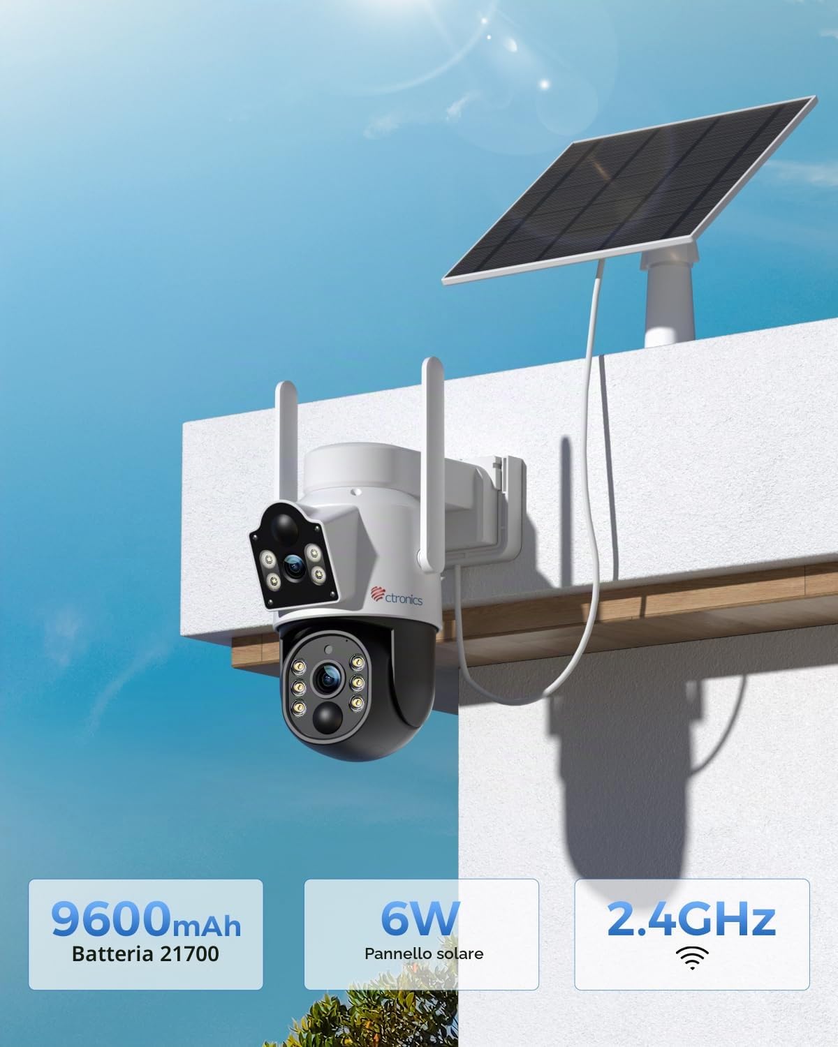 Ctronics Telecamera WiFi Esterno Solare, Doppio Obiettivo con Batteria 9800mAh, Pannello Solare 6W, Allarme Luce&Siren, PC/App, Rilevamento PIR & Umano, Cloud/128GB, 2K 3MP, 2.4GHz WiFi, IP66