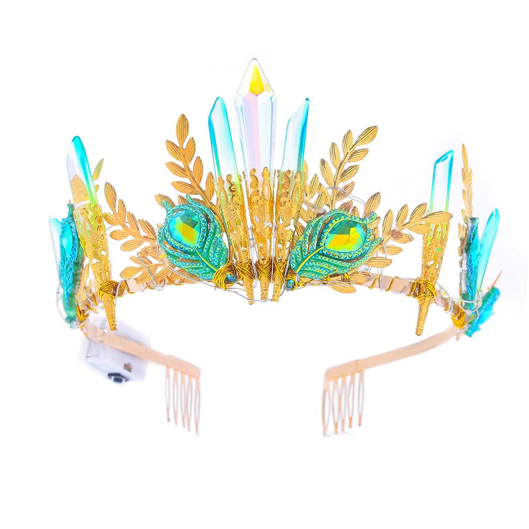 IYOU Cuarzo Barroco Led Corona Verde Cristal Iluminar Diadema Tiara Hoja Novias Coronas Reina Novia Accesorios para el Cabello para Mujeres