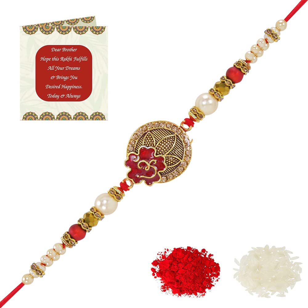 Riddhika Ventures Glorious Gold Plated Om and Diamond Ring Rakhi (Bracelet) with Roli Chawal and Greeting Card (K9) (B07DZMTVRF) Amazon Price History, Amazon Price Tracker