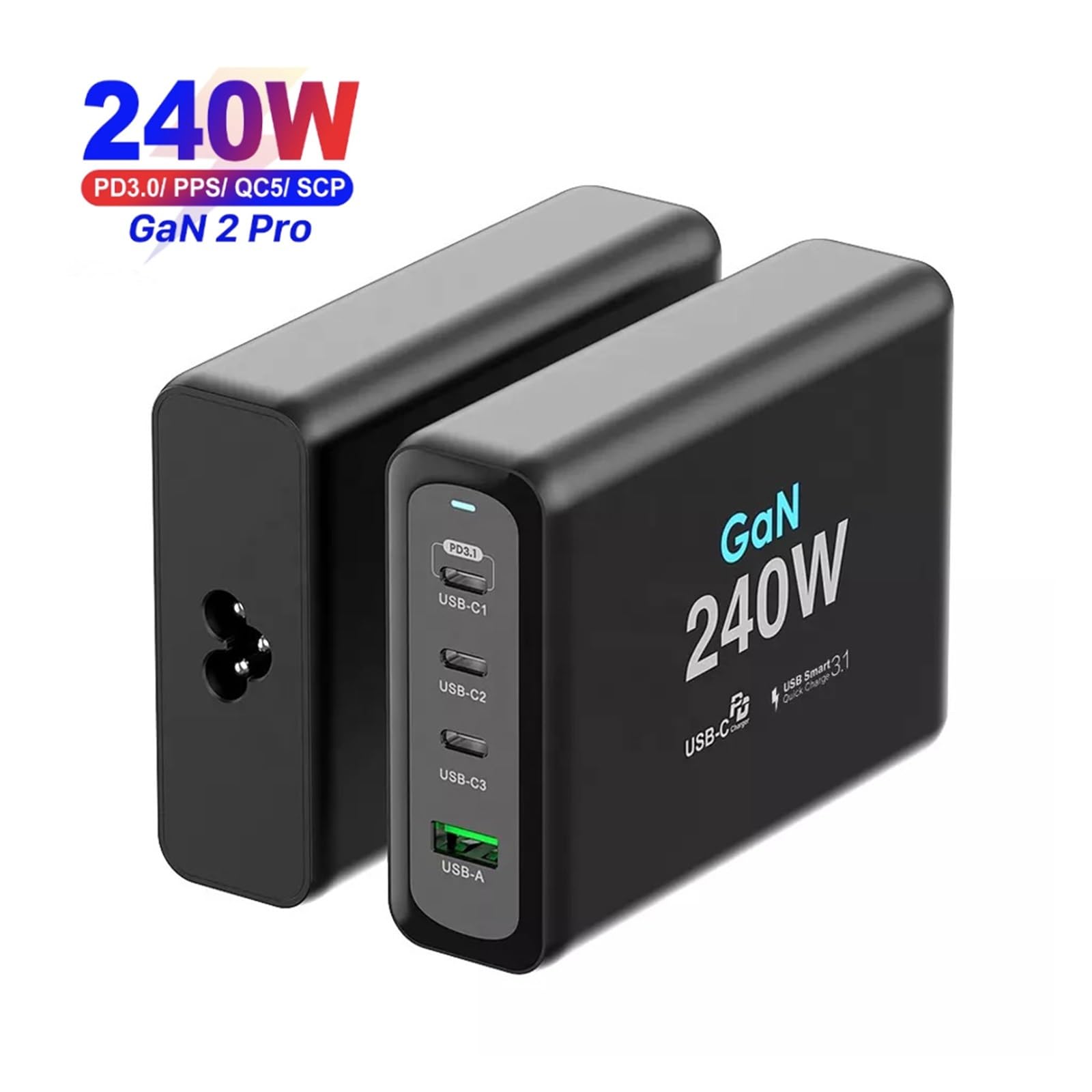 Caricatore USB C, Caricatore da muro USB C da 240 W Adattatore da viaggio for laptop con stazione di ricarica rapida PD a 4 porte 100 W 200 W PPS65W GaN2, Veloce, Efficiente e Versatile